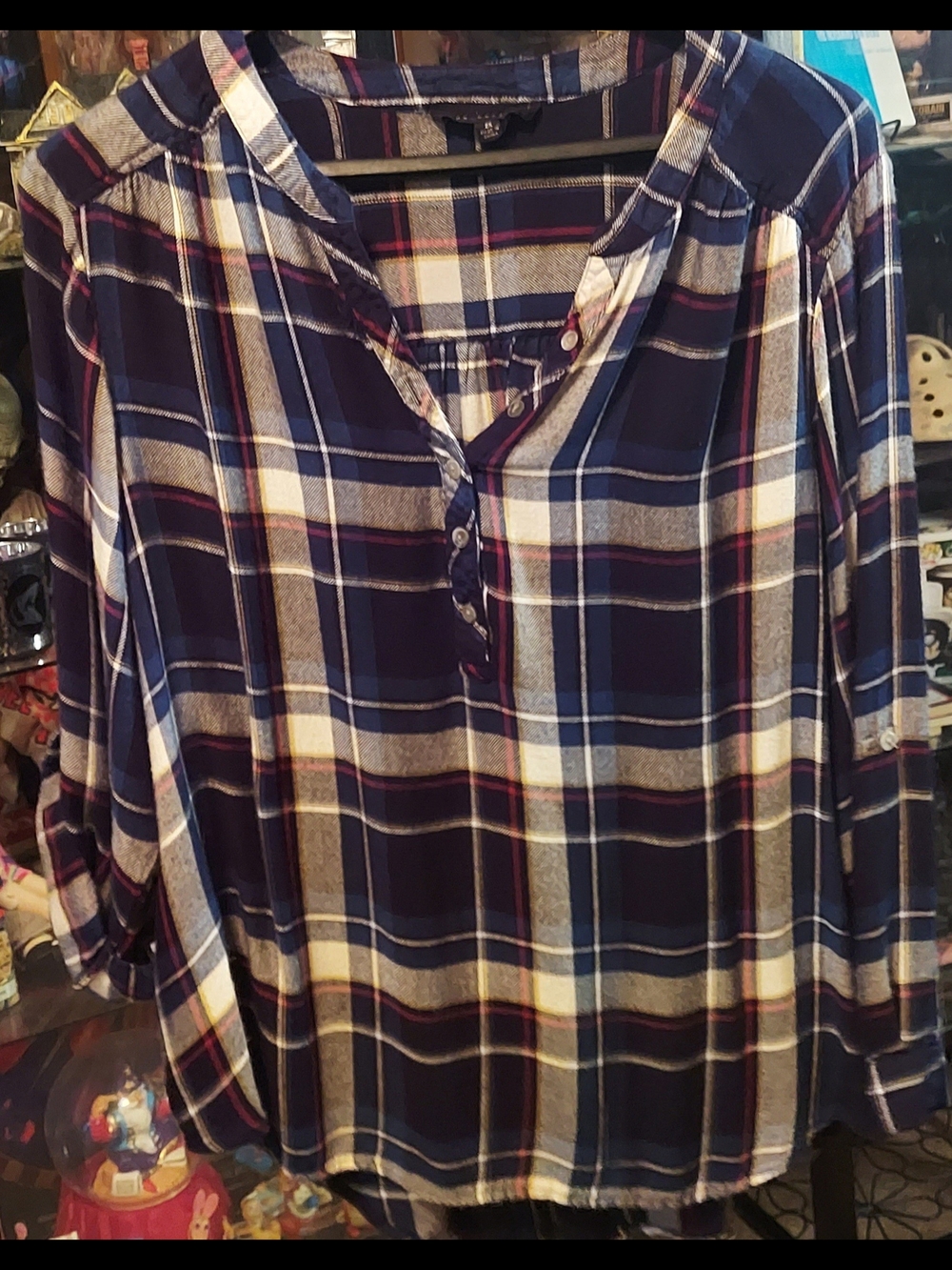 Jane and Delancey Navy, White and Burgundy Plaid Button-Down Top